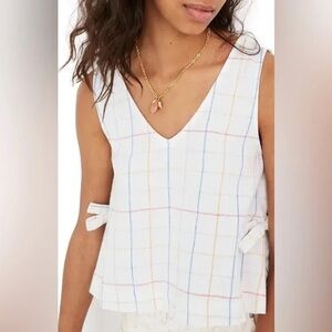 Madewell White windowpane Plaid V-Neck Tie-Side Tank Top